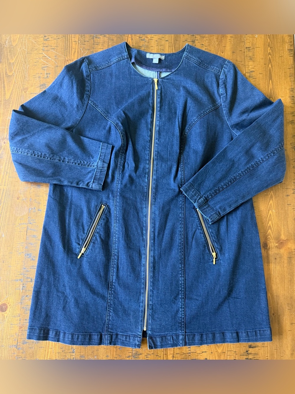 Jessica London. Denim Zip-Front Long Jacket in Dark Blue with gold detail. 18W